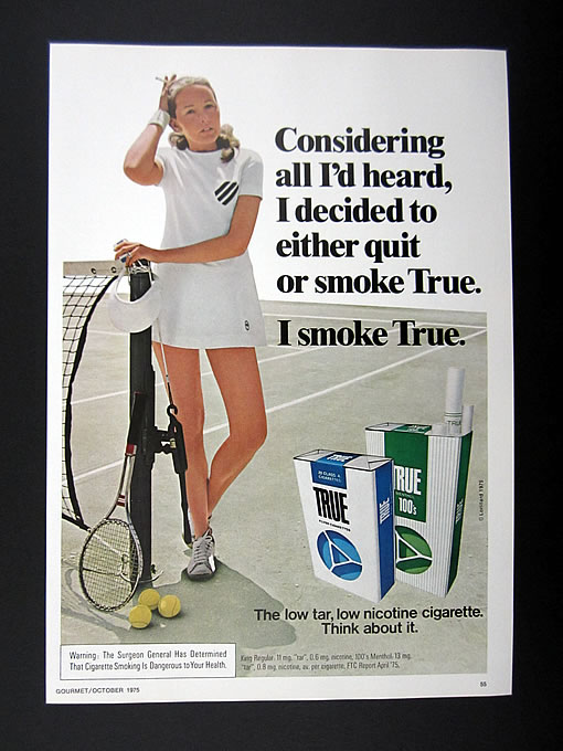 True Cigarettes Female Tennis Player Smoking 1975 print Ad advertisement